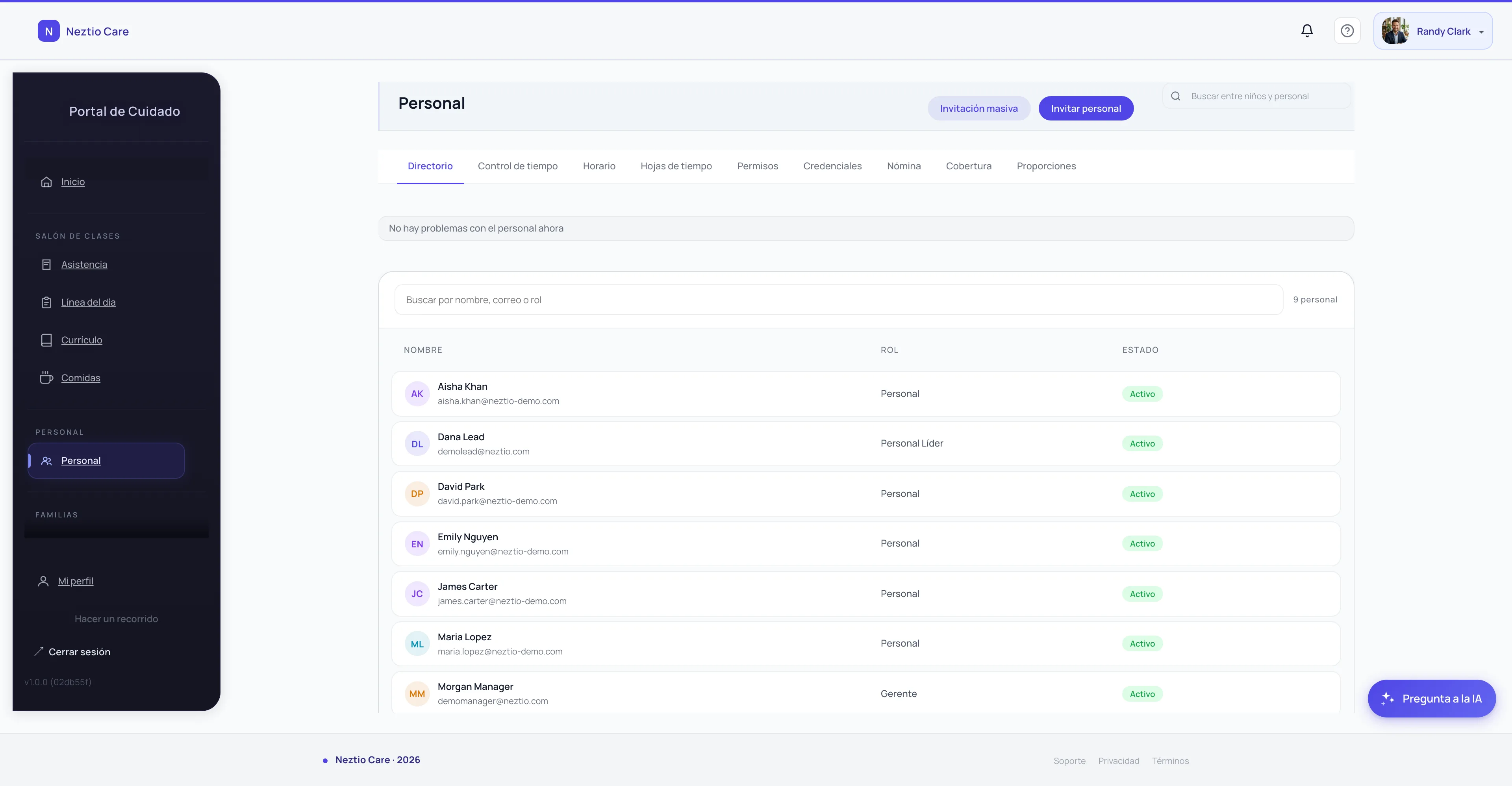 Staff directory with schedule and leave tracking
